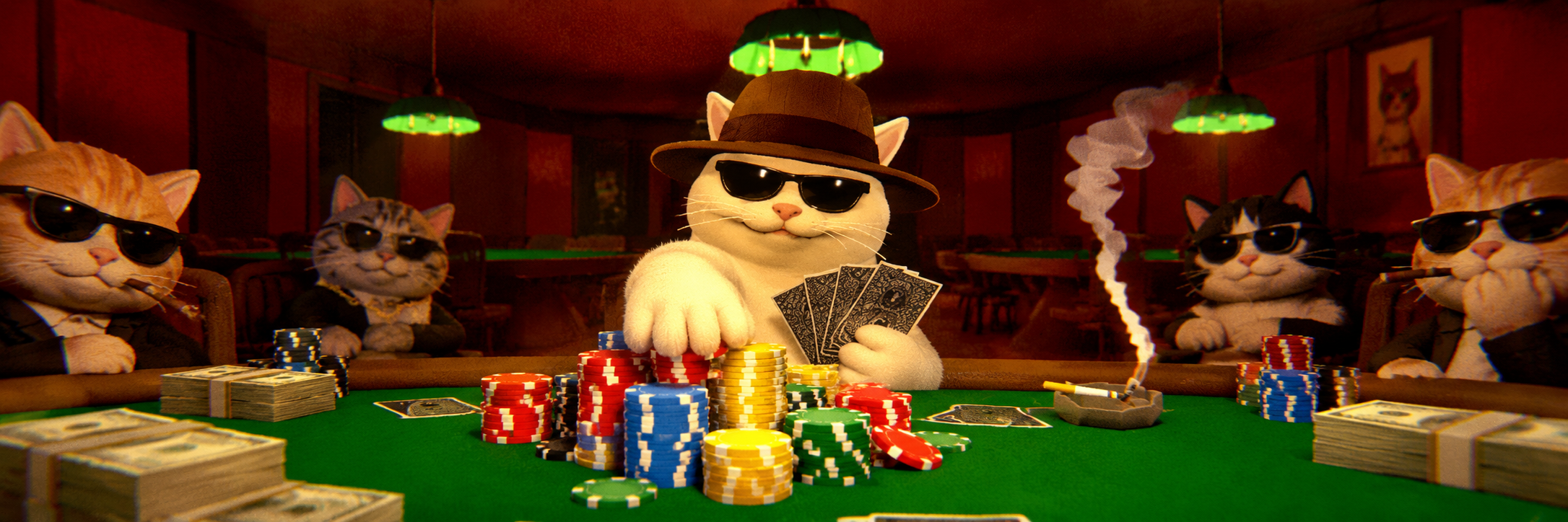 A late-night poker room lit by green-shaded lamps. The all/in cat in a fedora and sunglasses sits at the head of the felt table behind a tall pile of chips, flanked by other cats in sunglasses.